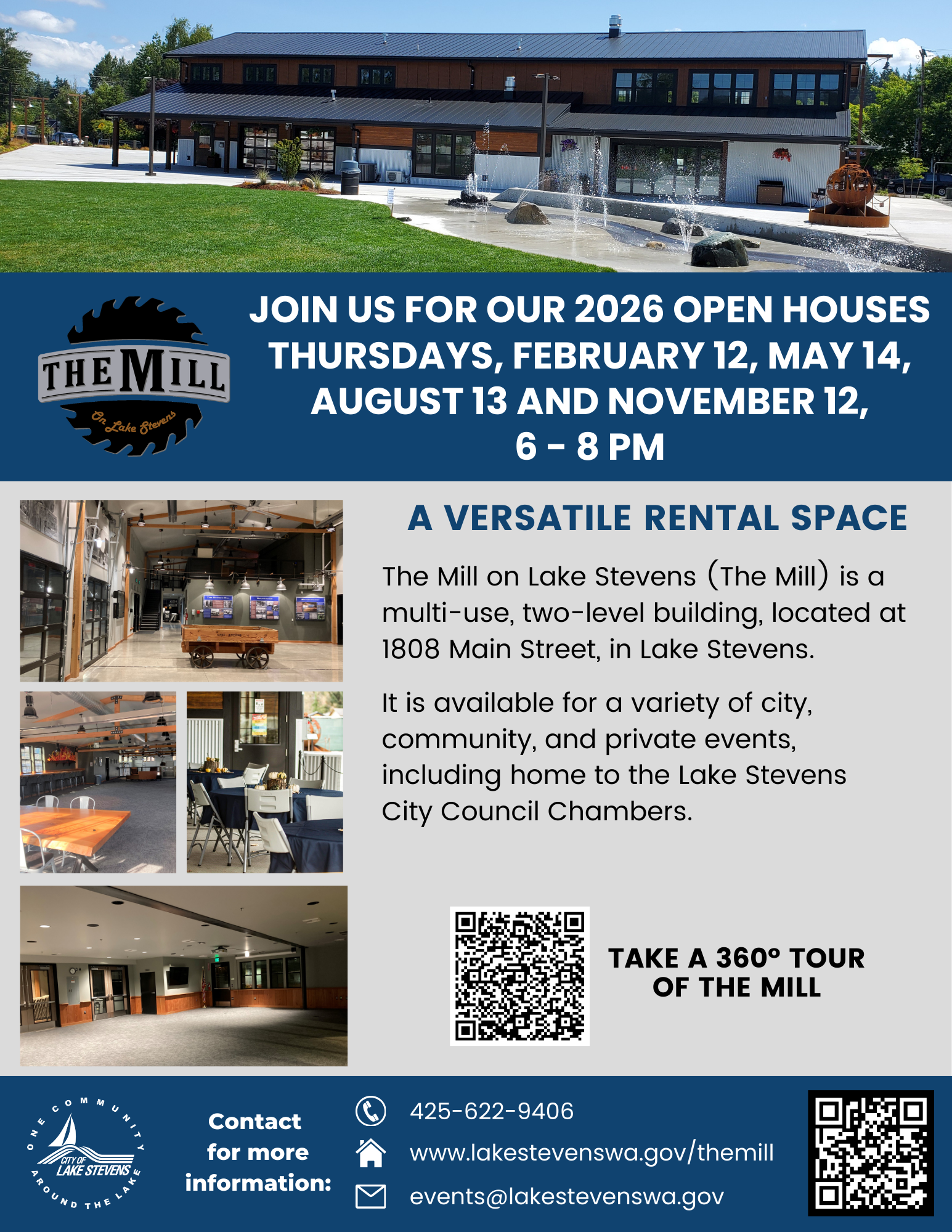 Flyer with information about open houses at The Mill in Lake Stevens, WA 