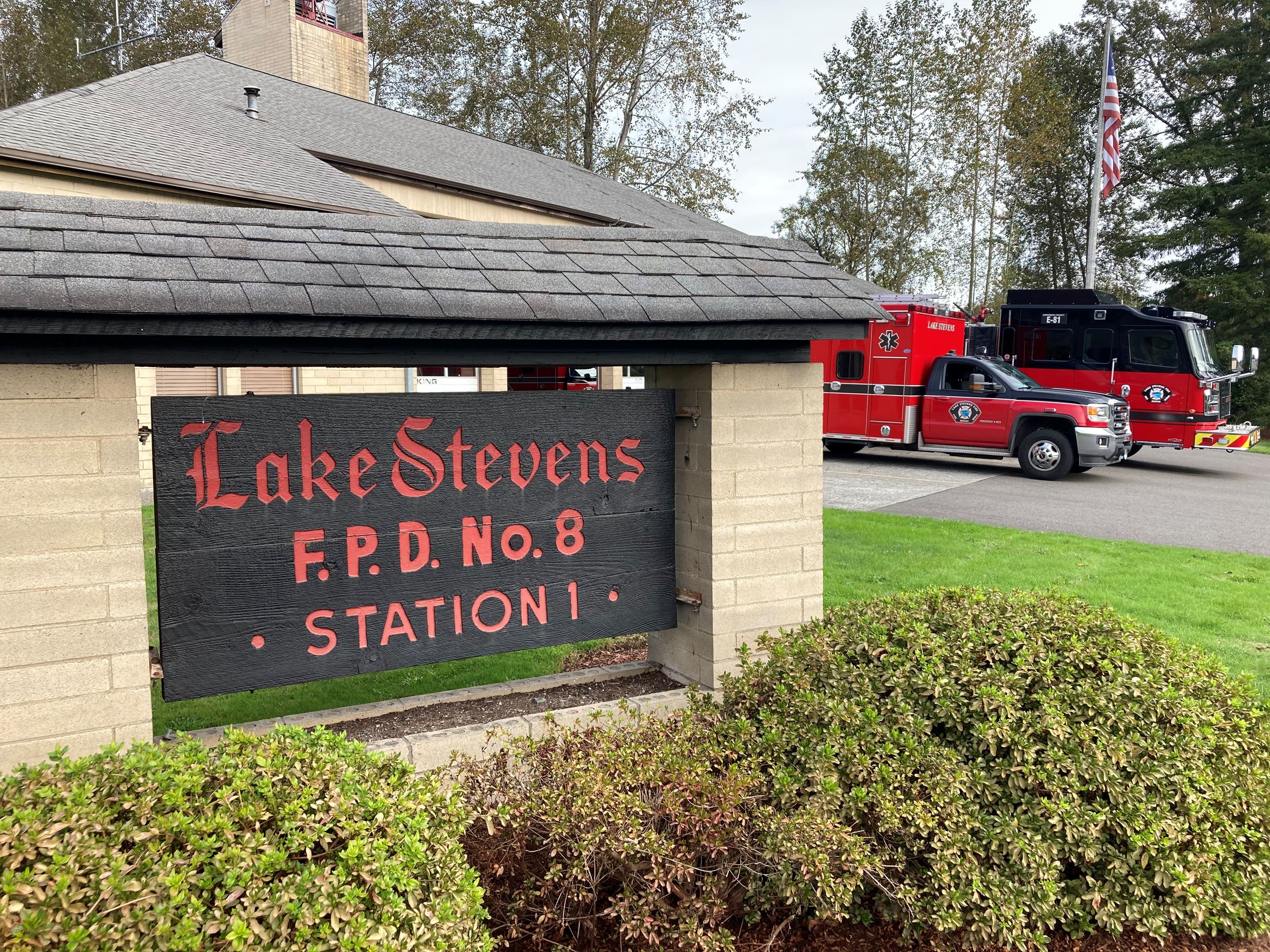 LSFD No. 8 fire station sign and vehicles