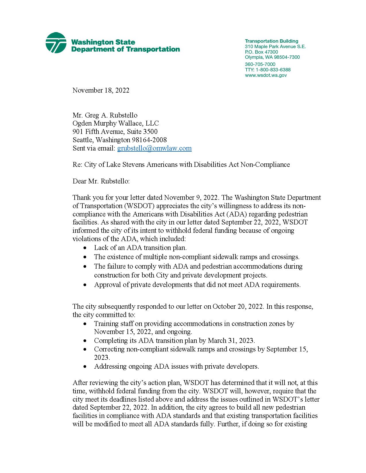Image of page 1 of rescinded ADA-compliance letter from WSDOT