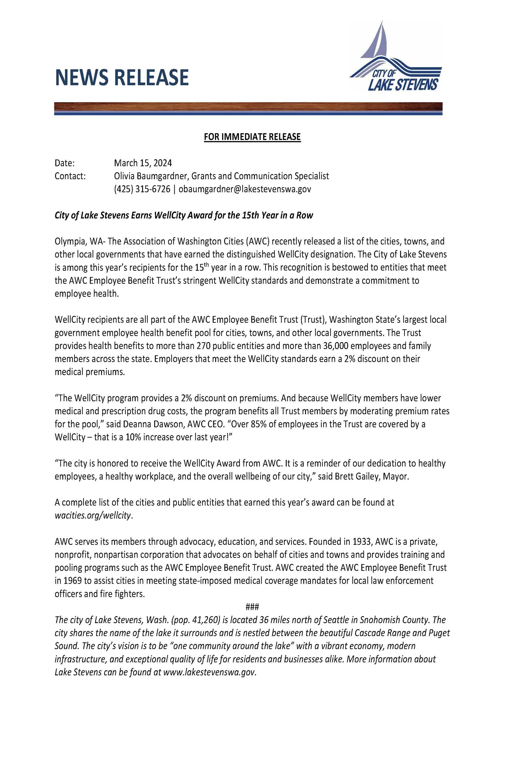 News Release- City of Lake Stevens Earns WellCity Award