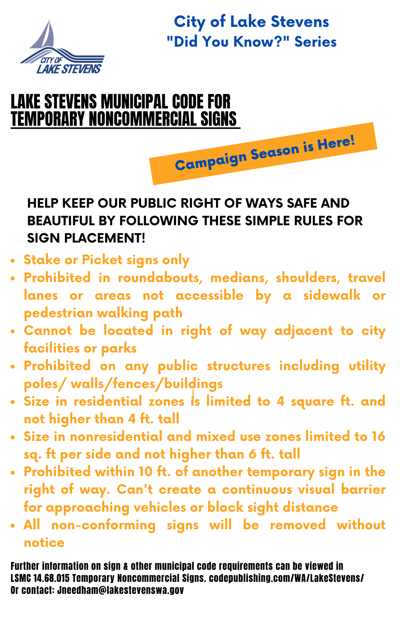 Image of Lake Stevens Muncipal Code for temporary non-commercial signs flyer for campaign season